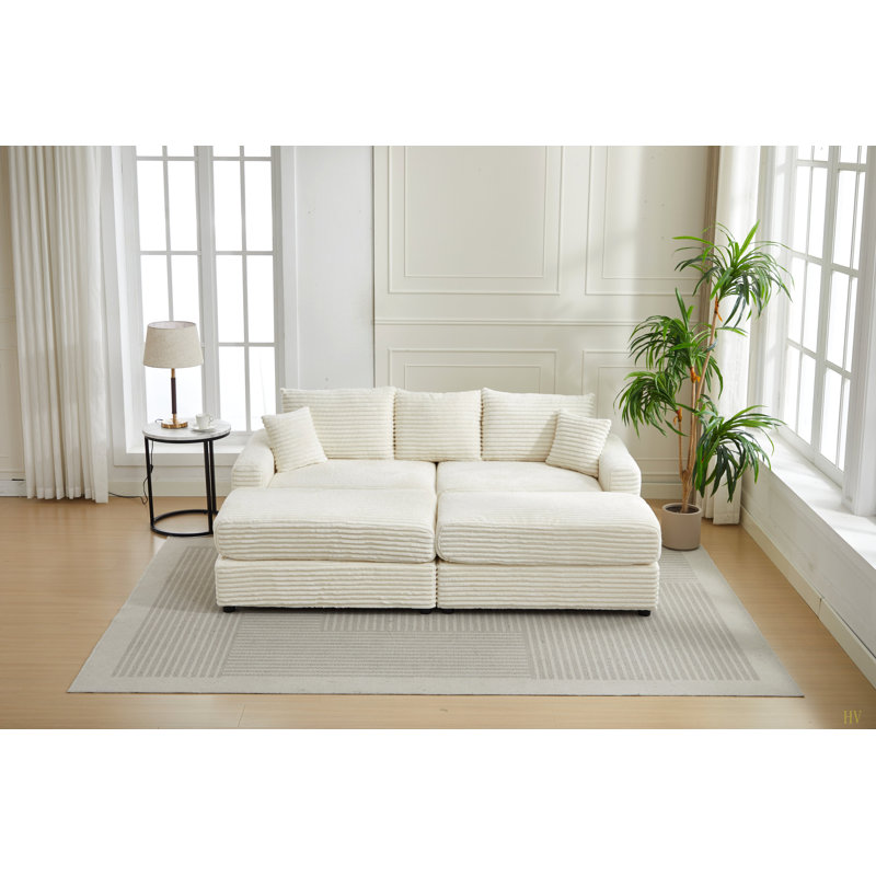 Modern Sectional Couch , 2 Pieces Corduroy Couch Cushion Covers , Soft Stretch Sofa Slipcovers With 2Pcs Pillows, Off White