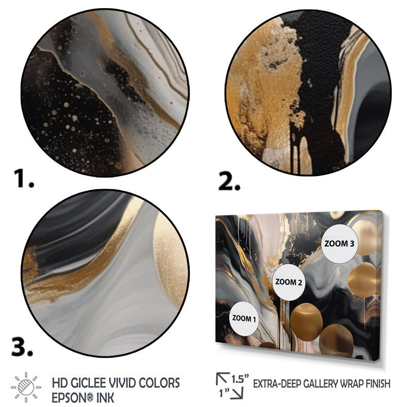 Marbre gris et doré captivant - art abstrait sur toile marbrée, H 12 po x l 20 po, Toile tendue, Sans cadre