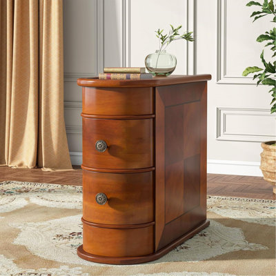 Table de bout étroite en bois massif 10,8 po, table de chevet mince à 2 tiroirs entièrement assemblée, table d'appoint rétro en noyer pour petits espaces, salon, chambre à coucher