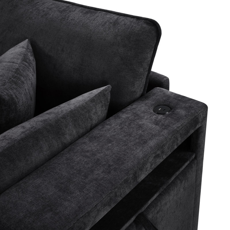 Canapé modulaire rembourré en chenille Coburn avec repose-pieds mobile, rangement et ports USB, Noir