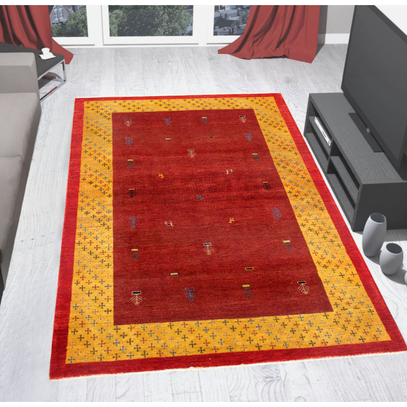 Tapis unique en laine noué à la main de 4 pi x 5 pi 5 po rouge / jaune