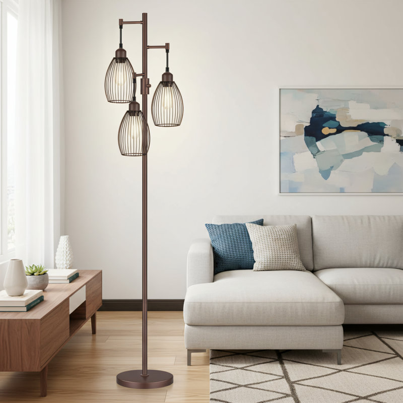 Matte Brown Farmhouse/Industrial Style Dimmable Floor Lamp, Tree-Shaped Design With A Tall Lampshade, Includes 3 X 800 Lumens LED Bulbs. Suitable For Living Rooms, Bedrooms, Offices, And Dining Rooms.