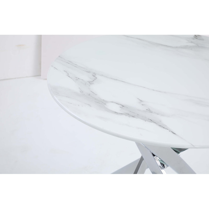 Table circulaire moderne en verre trempé avec cadre en fer, Transparent, Argent