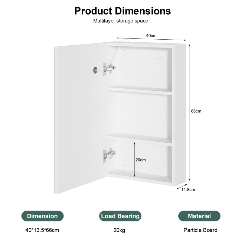Ayyat Bathroom Mirror Cabinet 40x60cm, Wall Mounted 3 Shelf Bathroom Storage Cabinet