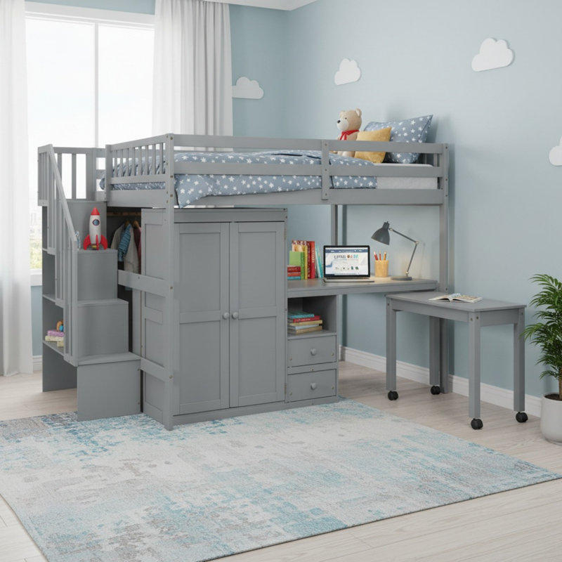 Lit mezzanine avec rangement et bureau, Double, Gris