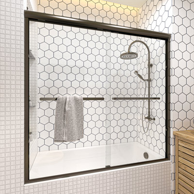 Porte de baignoire coulissante double demi-cadre avec verre transparent l 56 "x H 58" x H 56 "