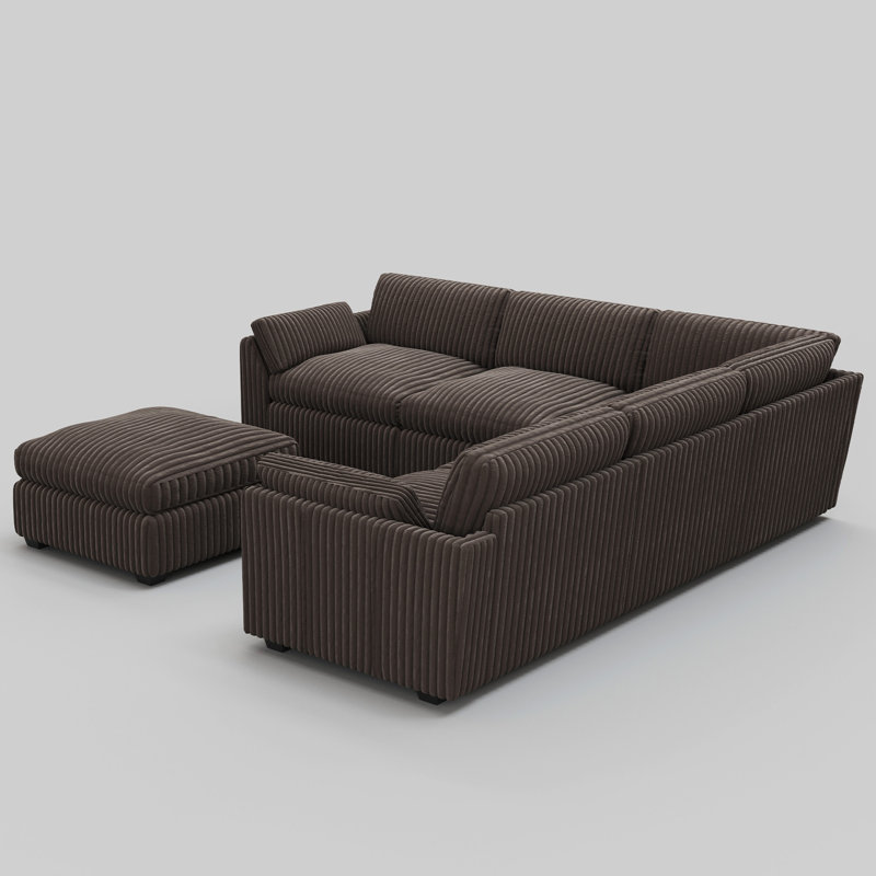 Canapé modulaire en L avec repose-pieds amovible Corduroy, Velours côtelé brun