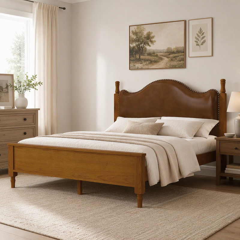 Grand lit plateforme en bois avec tête de lit tapissier, Brun