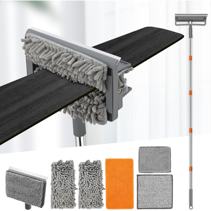 Baseboard Cleaner Tool with 84'' Handle, Ceiling Fan Duster, 2 Chenille & 3 Microfiber Reusable Pads, Squeegee, for Ceiling Fan, Baseboard, Wall, Window & Floor Cleaning