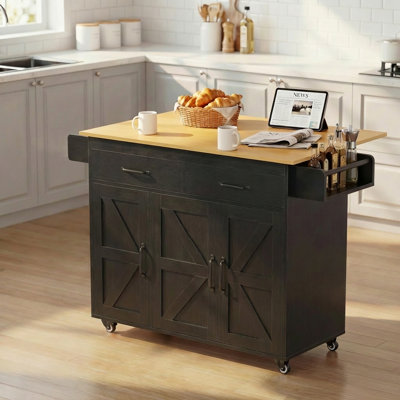 Kitchen Island With Drop Leaf, Tilt-Out Trash Can Cabinet, Rolling Kitchen Cart, Storage Cabinet With Drawers, Rubber Wood Top. by Ebern Designs