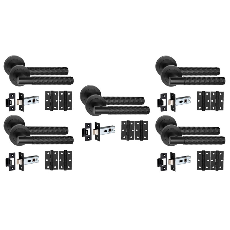 Golden Grace 5 Set Knurled Diamond Cut T-Bar Door Handle Set with Ball Bearing Hinges and Latch