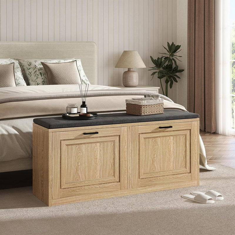 Banc de rangement pour chaussures 39,4 po avec siège rembourré et 2 tiroirs rabattables, Naturel