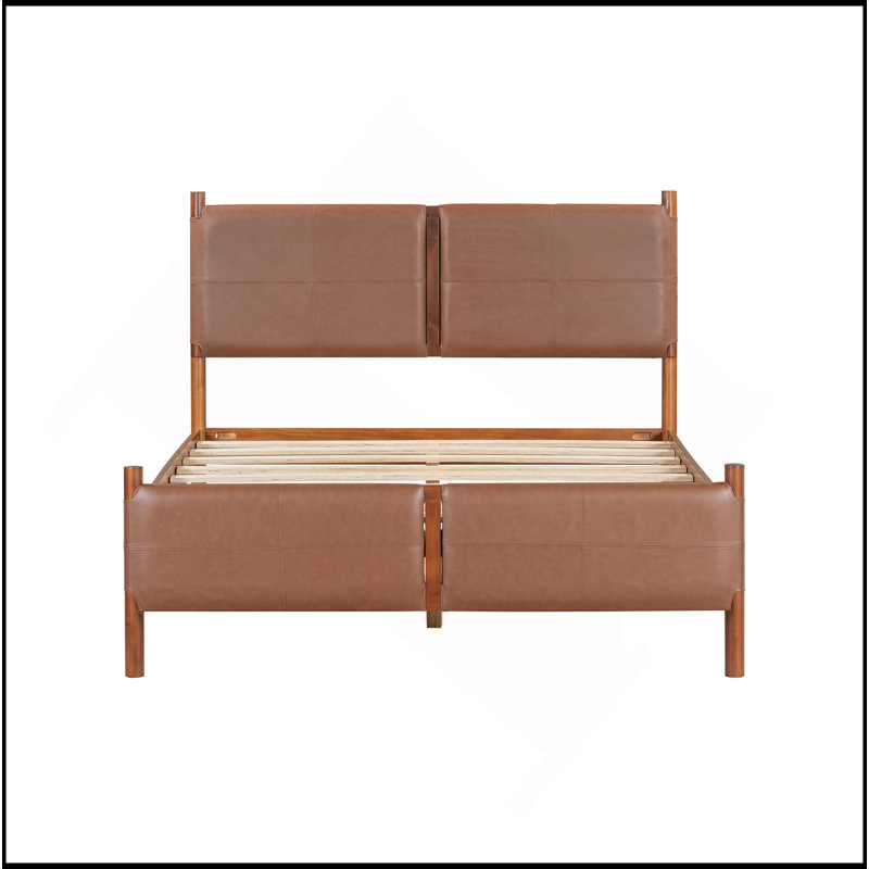 Grand lit avec tête de lit tapissier en cuir brun, structure en bois