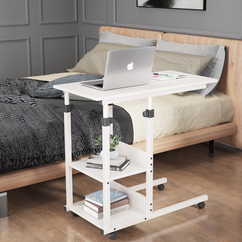 Aarah Mobile Rolling Laptop Side Table with Storage, White, White