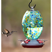 Muse Garden Unique Blown Glass Hummingbird Feeder, Orange Fireworks