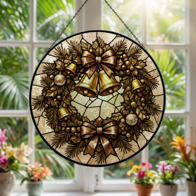 12"H Christmas Wreath Stained Glass Window Panel