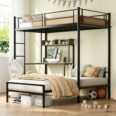 Lit superposé simple au-dessus de simple avec bureau et station de charge Lit superposé en métal en L avec tablettes de rangement et bibliothèque Lit mezzanine avec barrière de sécurité et échelle pour adolescent, noir