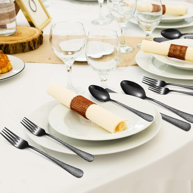 Ensemble de couverts 40 pièces pour 8 ustensiles de cuisine en acier inoxydable avec poignées martelées élégantes pour un usage quotidien et des occasions spéciales