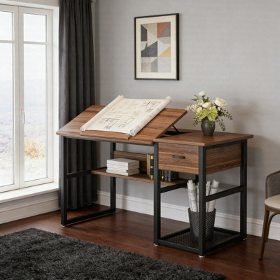Table à dessin réglable de 47,2 po, bureau de dessin avec tiroir et tablette de rangement