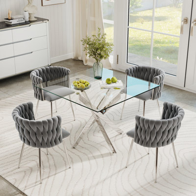 Ensemble de salle à manger à piédestal carré avec chaise tissée
