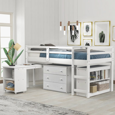 Lit mezzanine simple bas avec cabinet et bureau portatif à roulettes Low - blanc (ancien SKU: LT000113AAK)