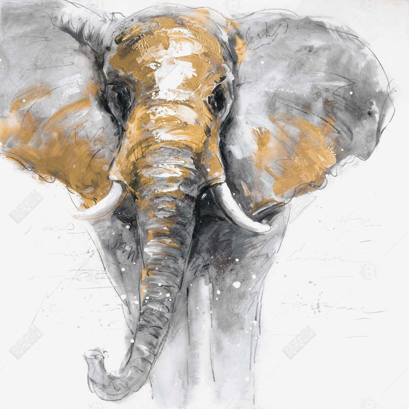  Éléphant - Toile encadrée moderne pour la maison, H 37,25 po x l 37,25 po, Gris/doré