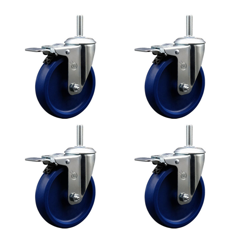 Ensemble de roulettes à tige filetée en poly 5 po 5 po avec frein de verrouillage total 5 po