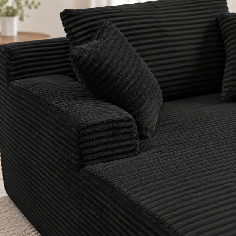 Chaise longue d'intérieur surdimensionnée avec 3 coussins, fauteuil en velours côtelé noir de 143 cm pour salon