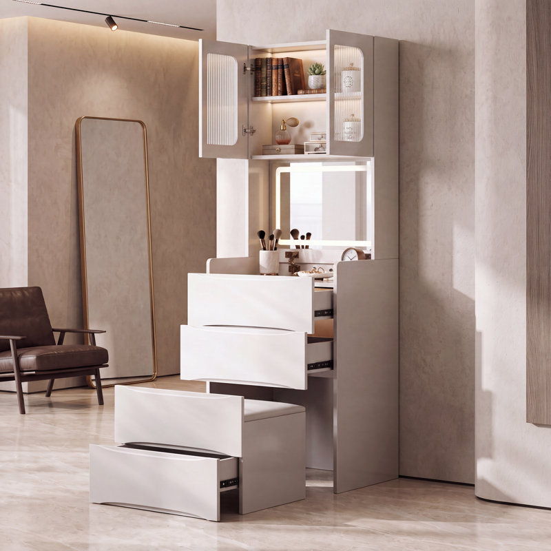 Ensemble coiffeuse 3 en 1 avec miroir à abattant et éclairage DEL, tabouret rembourré, éclairage réglable, 5 compartiments de rangement, table de toilette pour chambre à coucher