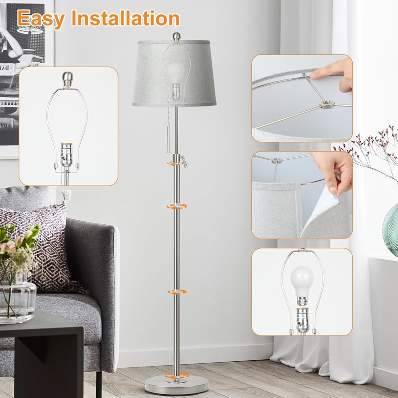 Adjustable Height Floor Lamp With Dimmable LED Bulb, Modern Standing Lamp For Living Room, Bedroom, Office, Silver Gray Shade, Easy Assembly, Space-Saving Design