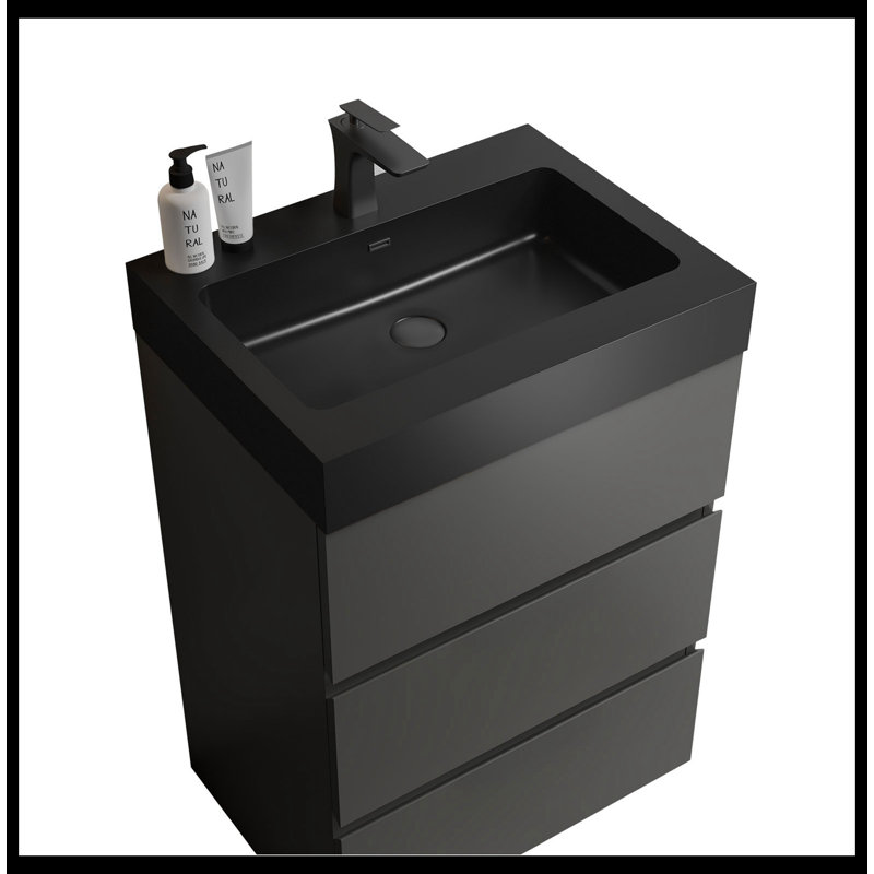 37/24 24.00'' Free Standing Single Bathroom Vanity with Ceramic Top, Gray, Black