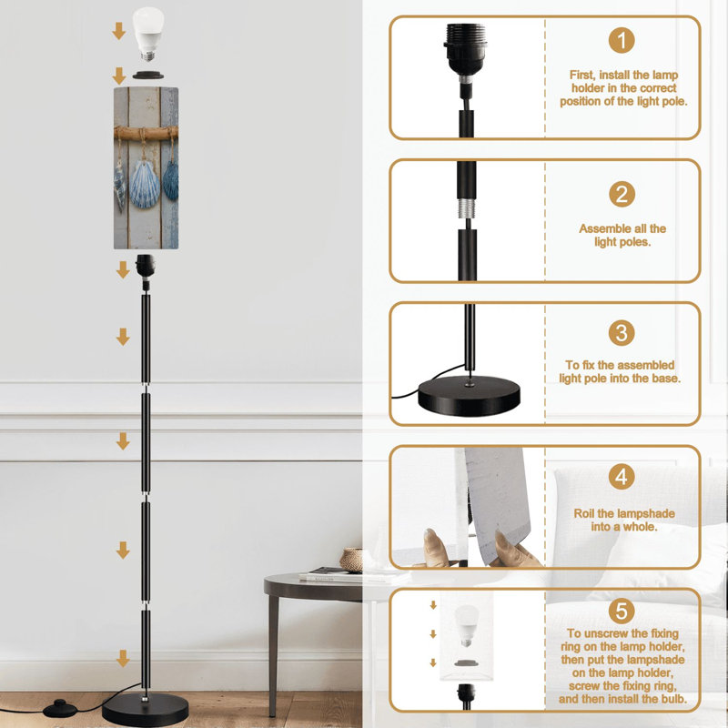 Lampe sur pied rustique coquillage décoration murale planche de bois vieillie à intensité variable moderne avec télécommande interrupteur au pied ampoule abat-jour grand poteau d'angle pour le salon chambre bureau