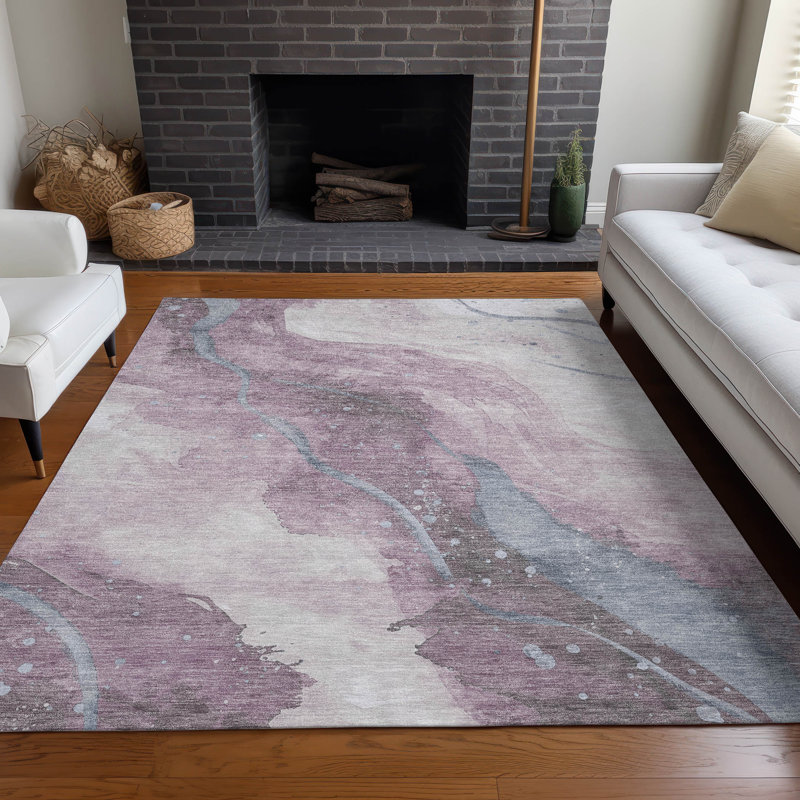 Lavender and Gray Synthetic Washable Rectangular Rug