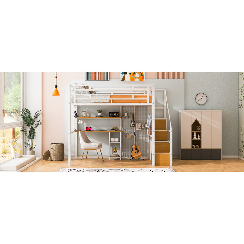 Lit mezzanine double en métal avec garde-robe, bureau, tablettes de rangement, Blanc