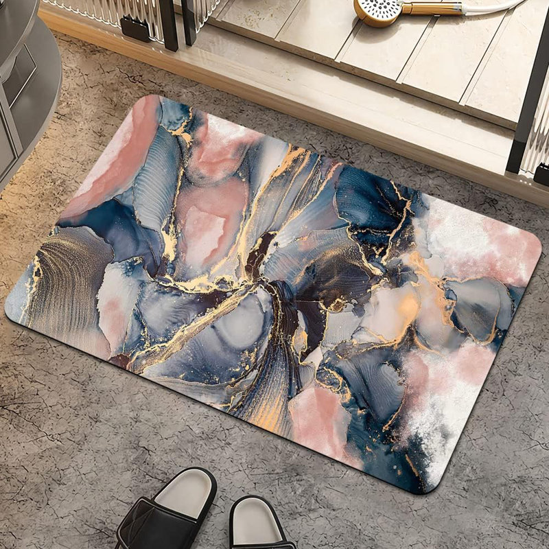 Bath Mat Rug,Pink Blue and Gold marbleNon Slip Quick Dry Super Absorbent Thin Bathroom Rugs Fit Under Door-Easy to Clean Bathroom Floor Mats-Shower Rug for Shower Sink Bathtub(16" x 24"in)
