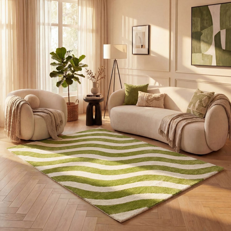 Joli Wavy Area Rug Soft Dense Pile for Living Rooms and Bedrooms, Rectangle 160 x 230 cm, Green/White