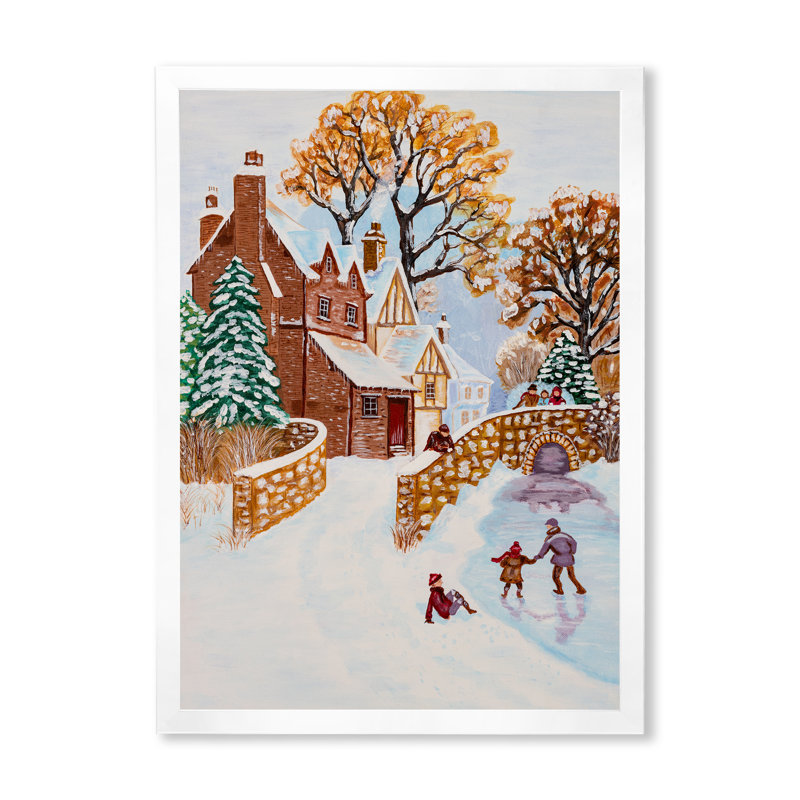 Enfants jouant pendant l'hiver de Noël - Peinture sur toile encadrée, H 32 po x l 16 po x P 1 po, Toile avec cadre blanc