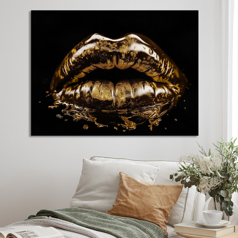 Gold Metallic Lips " Gold Metallic Lips ", 24" H x 32" W x 1" D, Wrapped Canvas