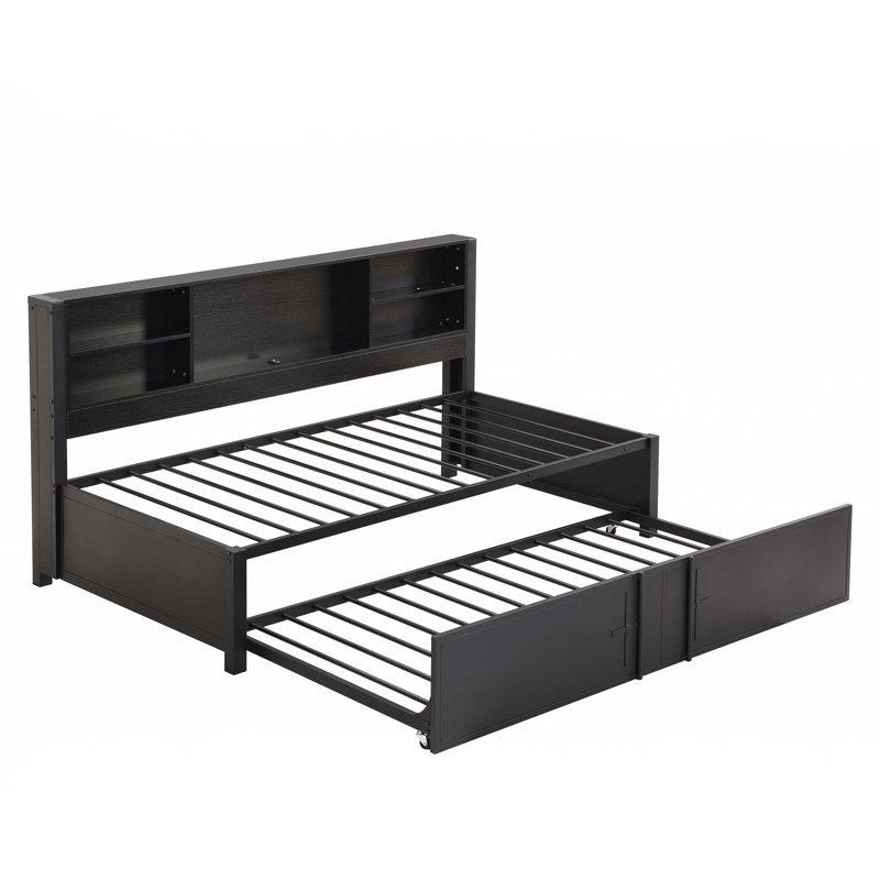 Lit de jour avec lit gigogne simple, tablettes de rangement et ports USB, Noir