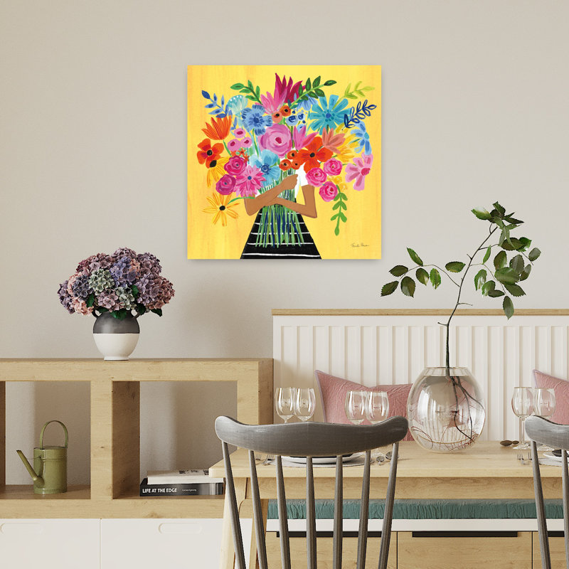 Art contemporain d'un bouquet de fleurs avec bouquets, H 18 po x l 18 po