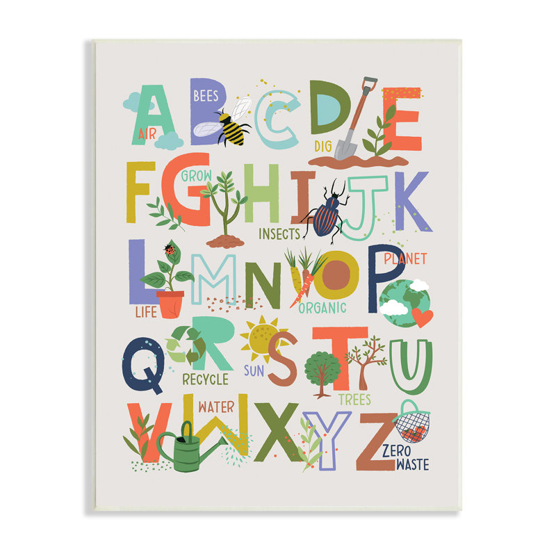 Art de l'alphabet fantaisiste pour enfants, insectes, jardin, art naturel, Plaque murale, H 15 po x l 10 po x P 0,5 po