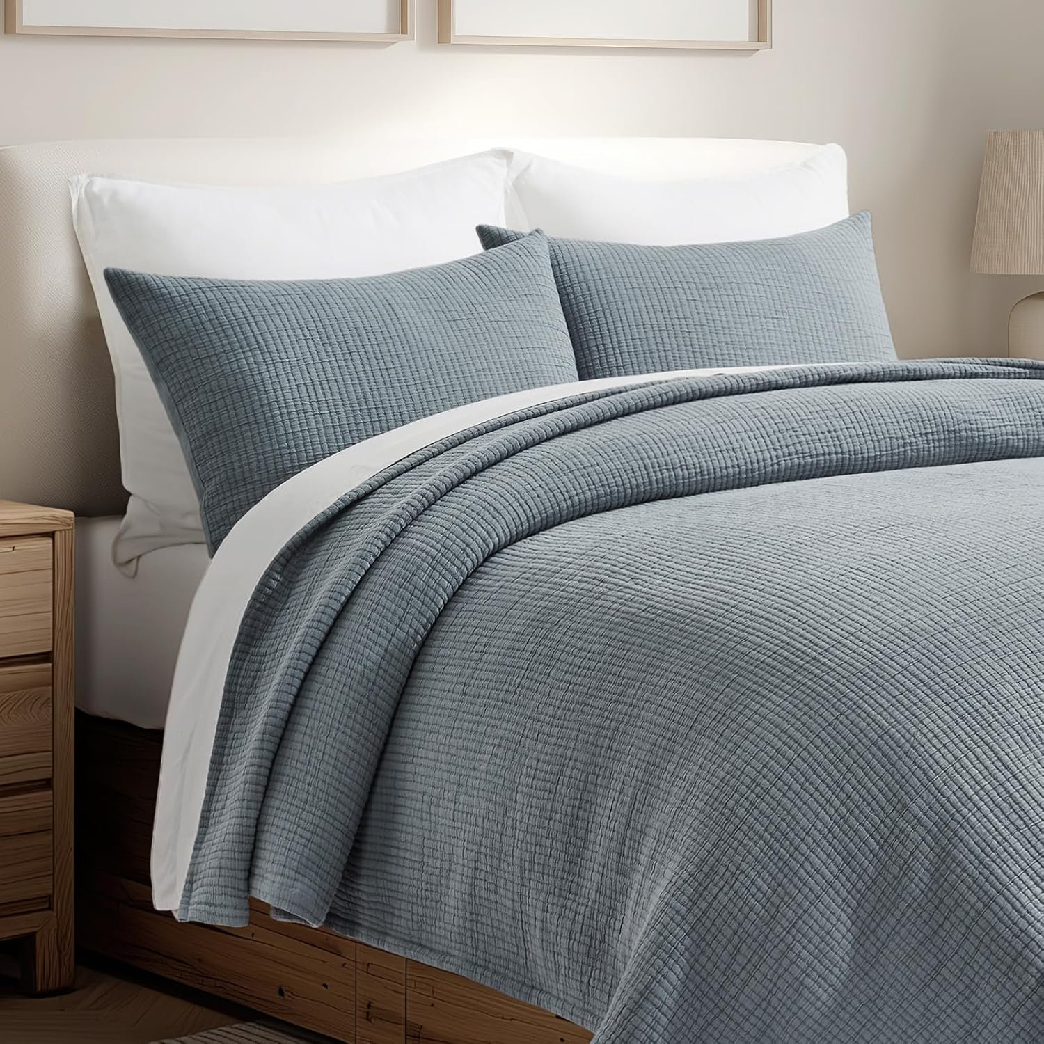 Cotton Gauze Coverlet Set, King Quilt + 2 King Shams, Dusty Blue