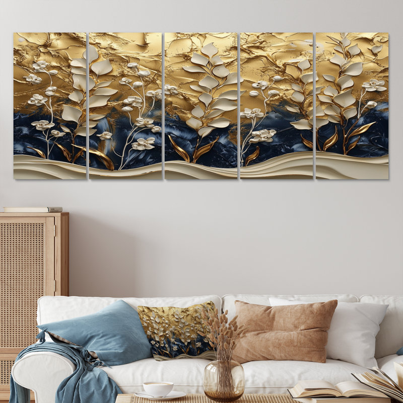Or blanc harmonie herbes - décoration murale herbes florales - art mural traditionnel, H 28 po x l 60 po, 5