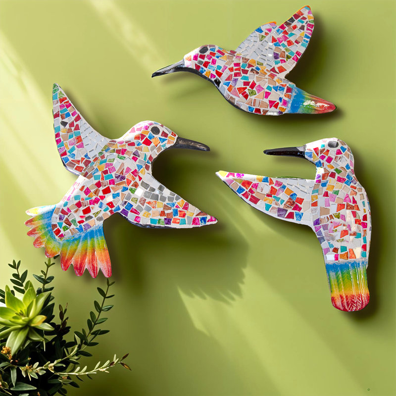 Colibri mosaïque en verre, Rose; crème; bleu sarcelle