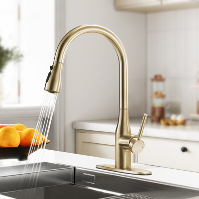 Robinet de cuisine rétractable à poignée simple avec plaque de pont, tête de pulvérisation à 3 fonctions et buse pivotante à 360 degrés