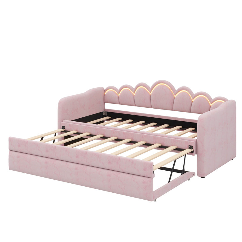 Twin XL Size Upholstered Daybed With Trundle And LED Light, Trundle Adjustable, Pink