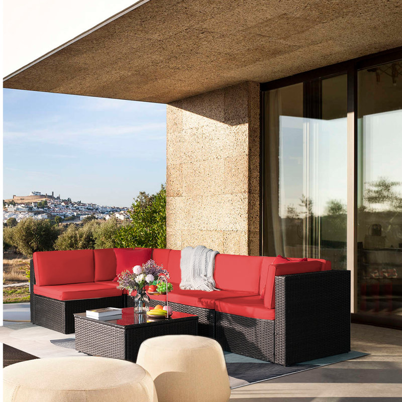 Ensemble de conversation modulaire en rotin 6 pièces avec coussins Batton, Rouge