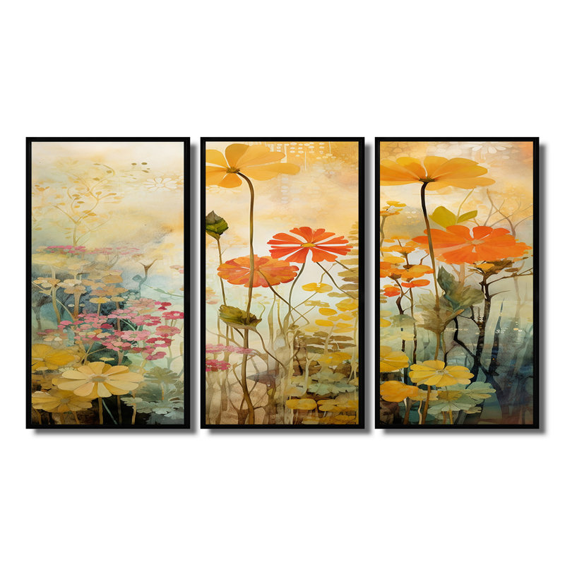 Lynnfield - Ensemble de décoration murale fleurs sauvages, Cadre flottant noir, H 32 po x l 48 po x P 1 po