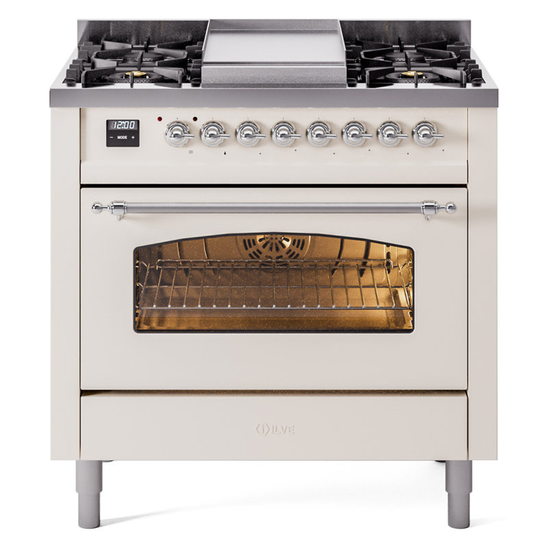 ILVE Nostalgie II Series 36 inch Dual Fuel Range with 6 Burners, Griddle (Glass Door), Natural Gas, Antique White/Chrome