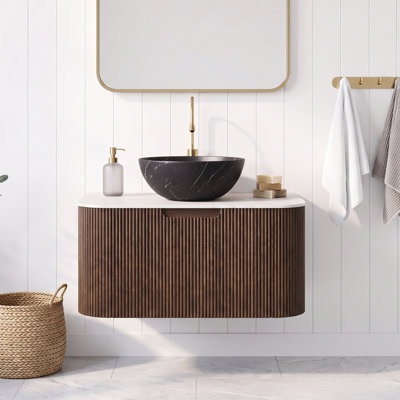 Meuble-lavabo mural en contreplaqué de 30 po avec lavabo en céramique noir mat en céramique, plateau en pierre frittée blanche de Carrare, armoire de rangement à bordures flottantes et courbes avec tiroir (pré-assemblé)